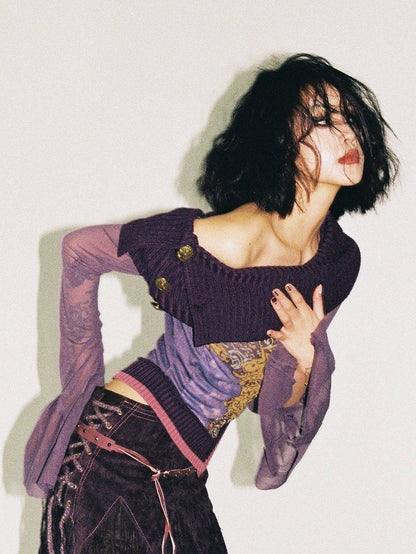 Sleeve Collar Floral - Accent Bell Knitted Top Purple Deep Print