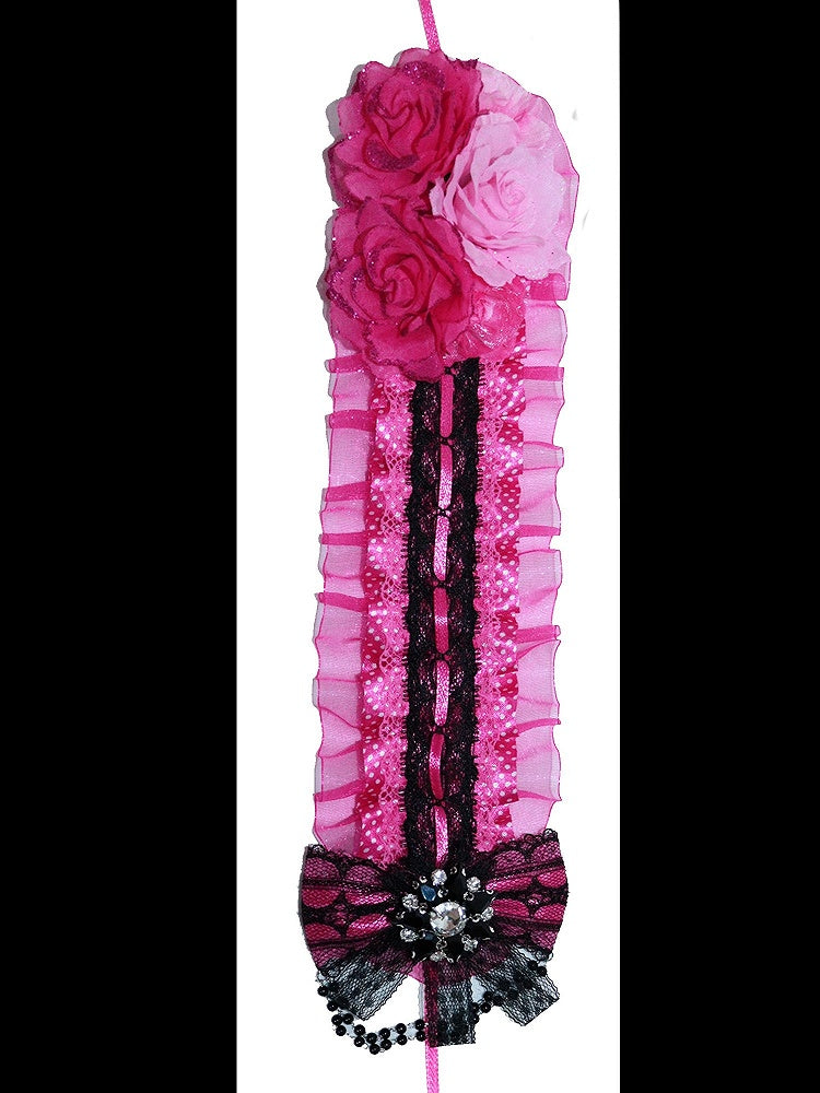 Design with Ruffled Decorated Rhinestone Hairband Black Rose Rosette Red Bowknot