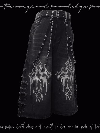 Weite Jeans mit Saum, dunkelgrau, Kreuzdruck, Distressed-Löcher