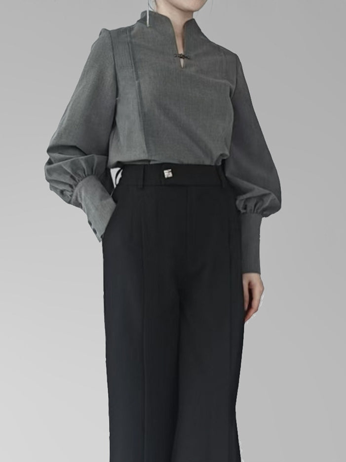 Chinese Collar Balloon Style Design Button - Frog Gray Mandarin Sleeves Blouse