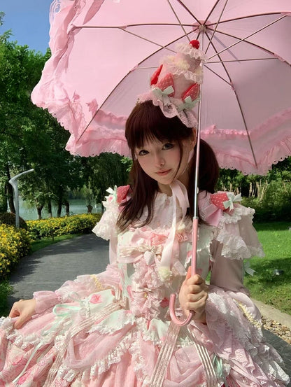 Green & Pink Strawberry Cake Print Flutter Sleeve Lolita JSK - Ball Lolita
