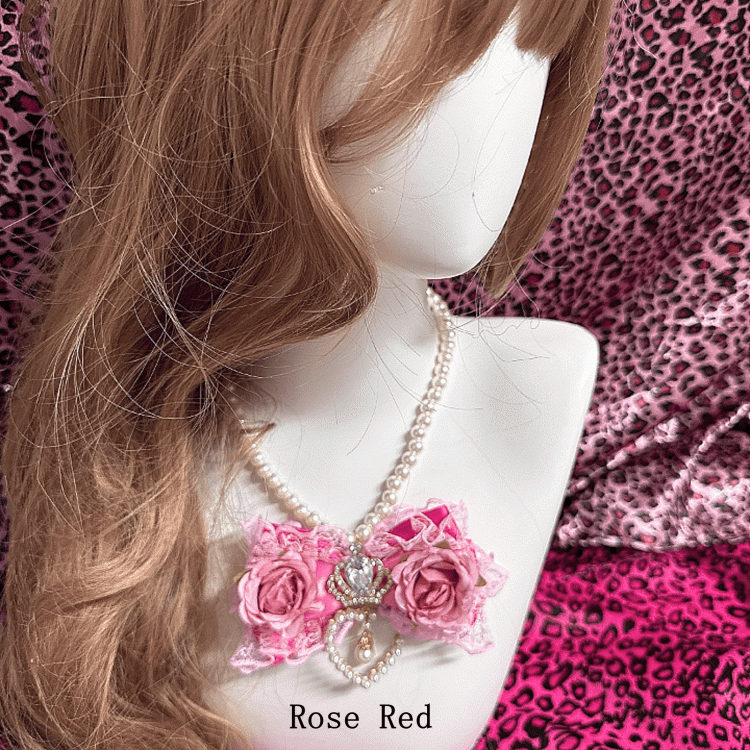 with Rhinestones Gyaru in Bead Crown Rose /White Hime Necklace Pink/Rose Red