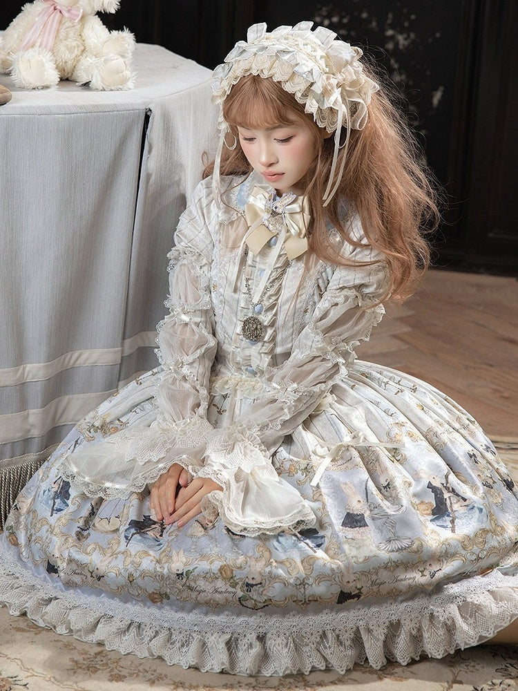 Rabbit Print OP with Detachable Striped Sleeves - Stars Fall on the Foggy Island