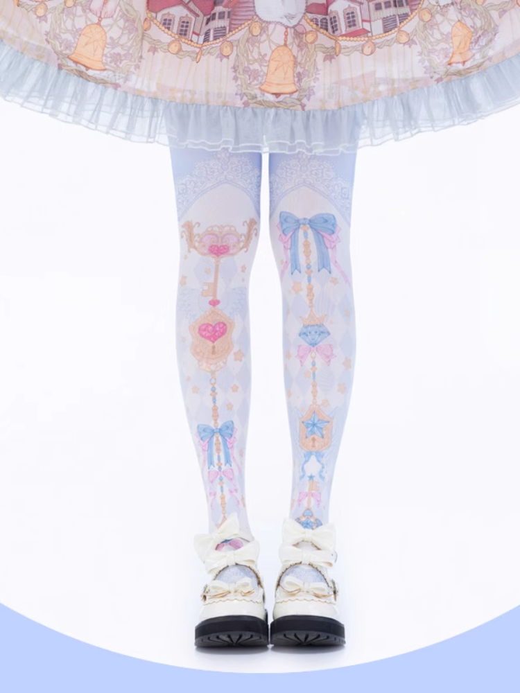 Yume Kawaii Blue Diamond Pattern Bow Print Sweet Lolita Over Knee Stockings