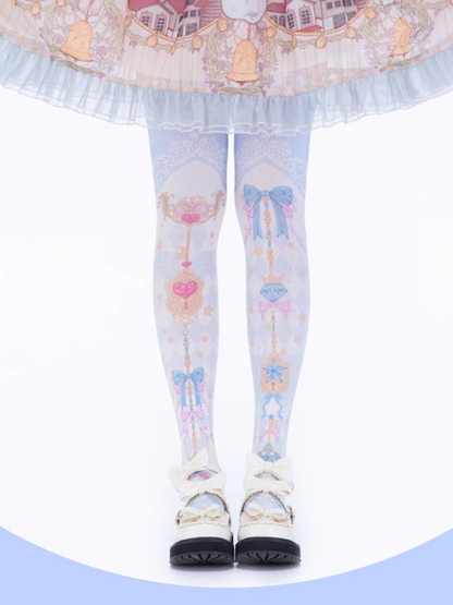 Yume Kawaii Blue Diamond Pattern Bow Print Sweet Lolita Over Knee Stockings
