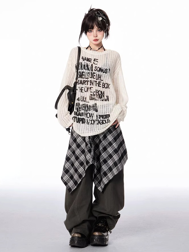 Semi-sheer Coverup Round Neck Vintage Letter Print Black/Apricot