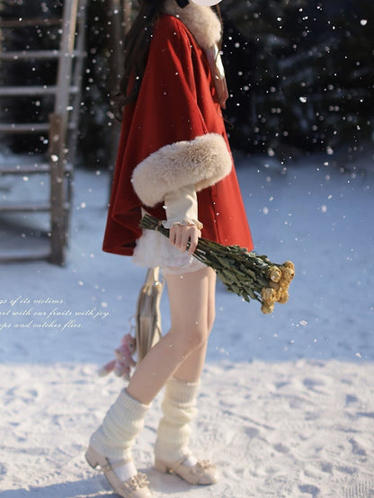 Christmas Red Wool Cape Coat with Shaggy Collar and Cuffs