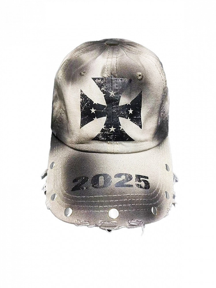 Rock Punk Distressed Khaki Baseball Cap Studs Cross Print