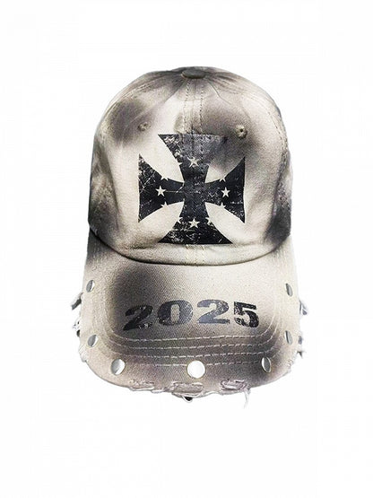 Rock Punk Distressed Khaki Baseball Cap Studs Cross Print