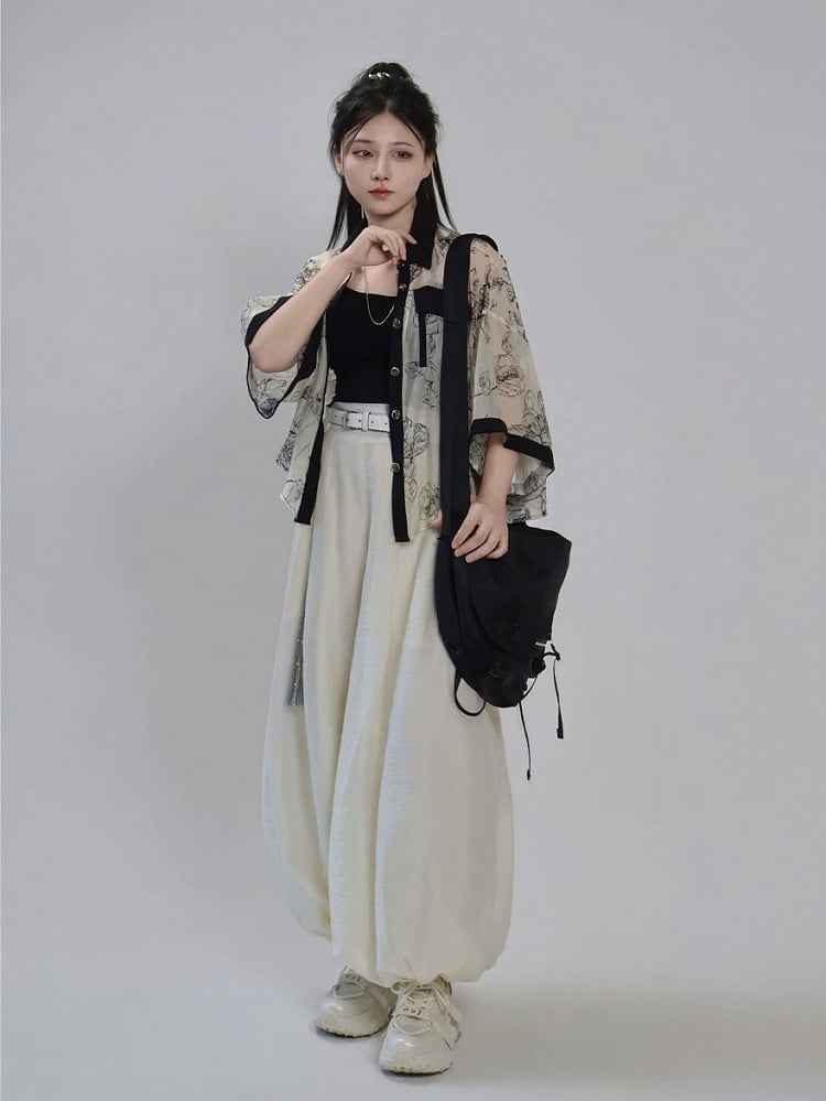 Beige Ink Wash Floral Short Sleeve Tencel Shirt and Camisole Set - Feng Hua Gui Guo Ling