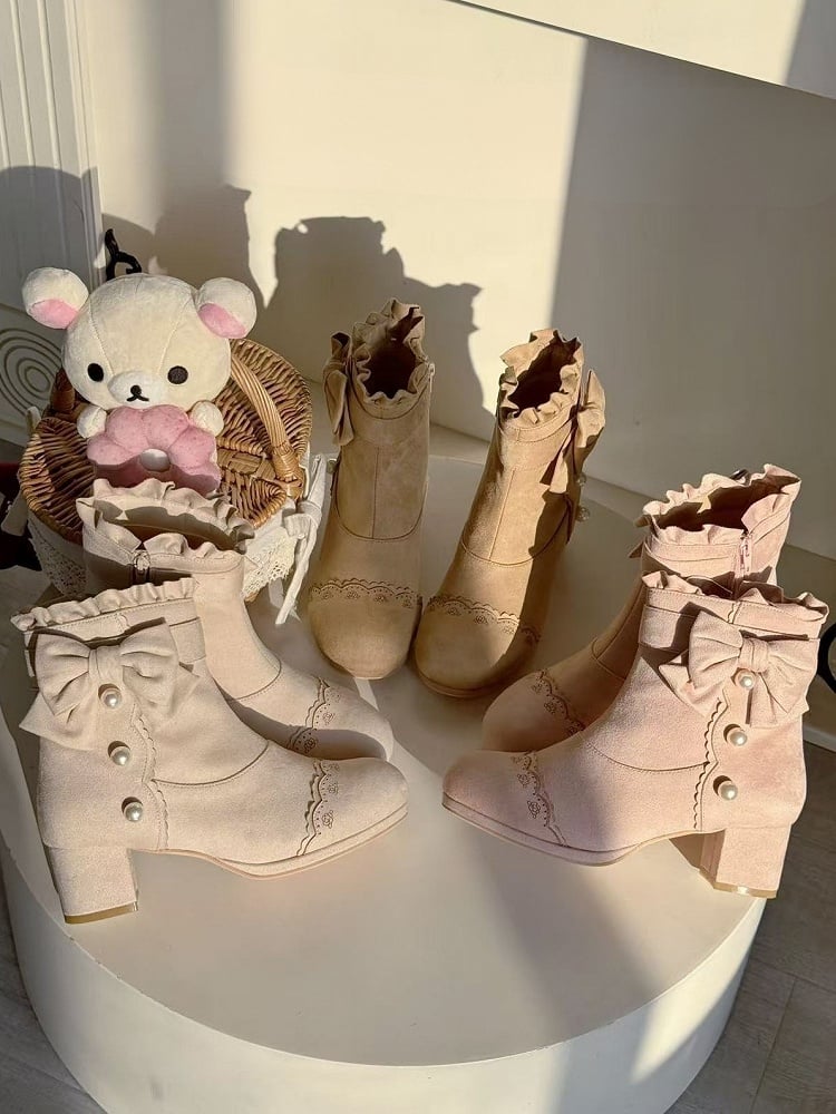 Beads Sophisticated Boots Lolita Mid-heel Khaki Details with