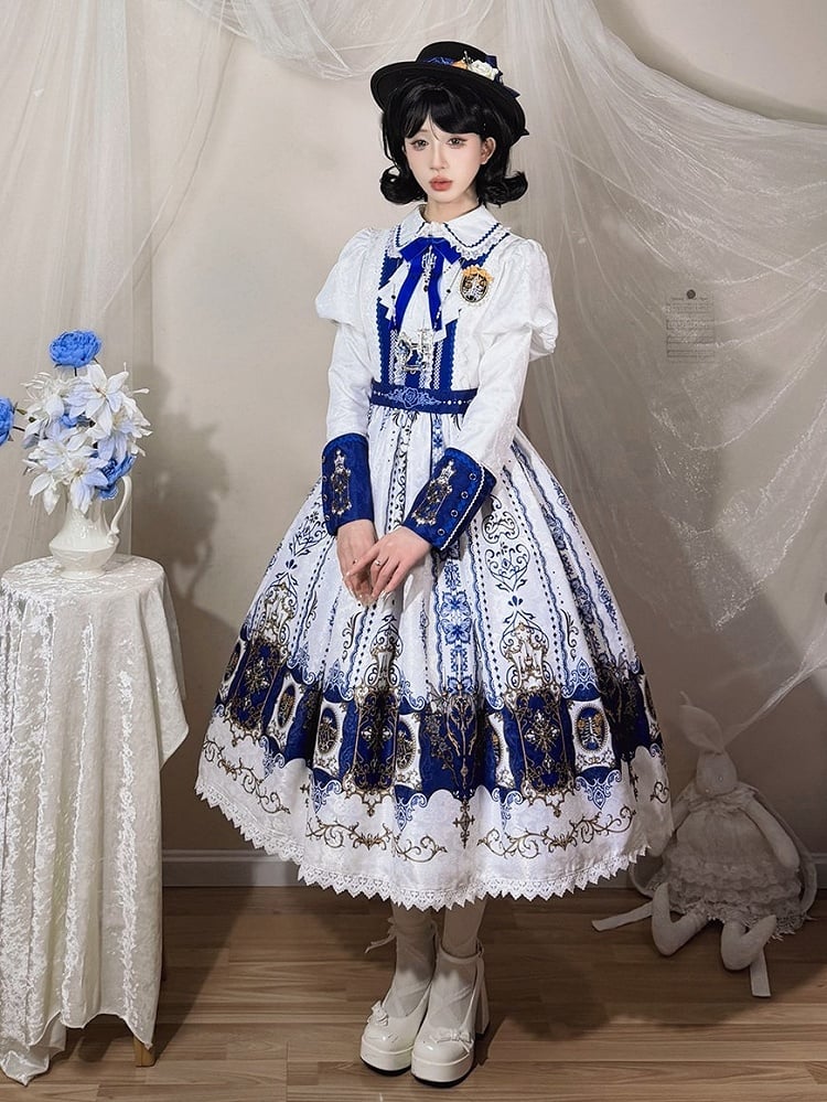 Gothic Sleeves Lolita with Bat Print Juliette Blue Dark Dress Wings White Candelabras