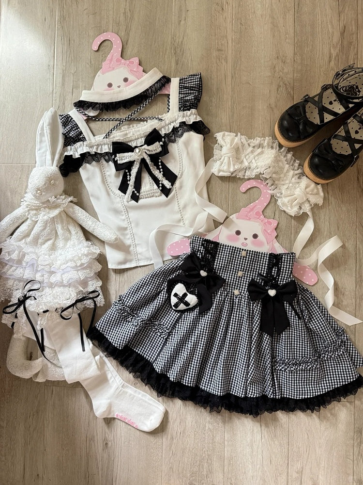 High-Waist Black Cutout Cross with Top Jirai / Plaid Kei Alt-Moe Halter Skirt Shoulder