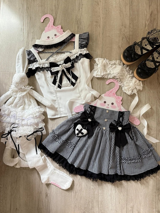 High-Waist Black Cutout Cross with Top Jirai / Plaid Kei Alt-Moe Halter Skirt Shoulder