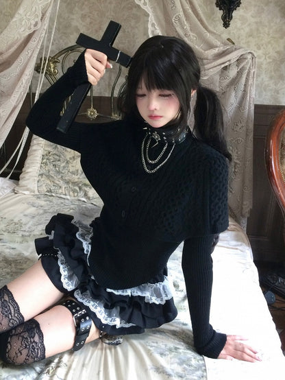 Shawl Curved Hem Sweater Button-Front Black with Detachable