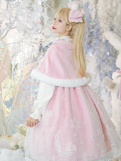 Moon with Set Snow Lace Dress Jumper Print Overlay Cape Trim Pink Plush Castle Lolita Skirt