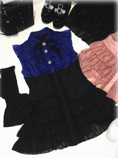Faux Tiered Placket with Two-Piece Sleeves Ruffle Kei Arm Black and : Jirai Flutter Blue Dress