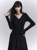3D with Rose Ruched Top Black Gothic Sleeve Ribbon V-Neck Detail Long