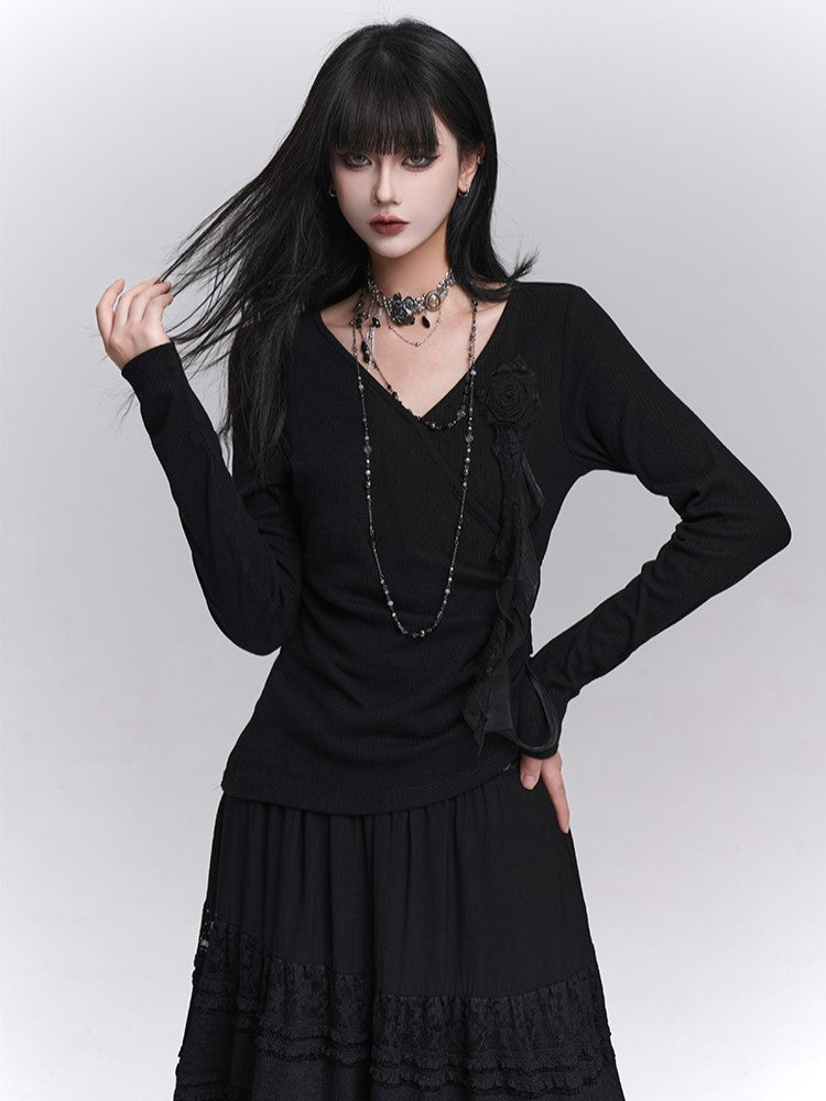 3D with Rose Ruched Top Black Gothic Sleeve Ribbon V-Neck Detail Long