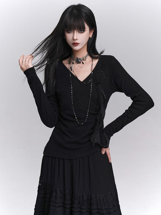 3D with Rose Ruched Top Black Gothic Sleeve Ribbon V-Neck Detail Long