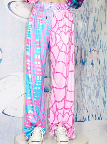 Plaid Pattern Y2K Web BluePink Flare Pants And Spider Silhouette