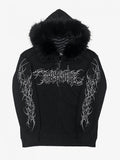 Y2K Dark Hooded Jacket with Detachable Fur Collar and White Floral - Alita26SS
