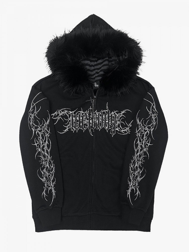 Y2K Dark Hooded Jacket with Detachable Fur Collar and White Floral - Alita26SS
