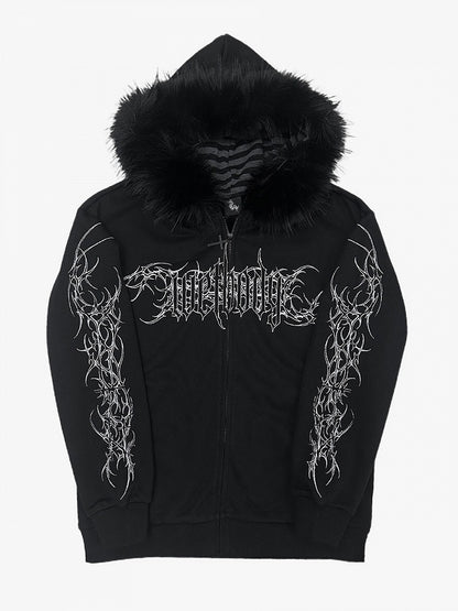 Y2K Dark Hooded Jacket with Detachable Fur Collar and White Floral - Alita26SS