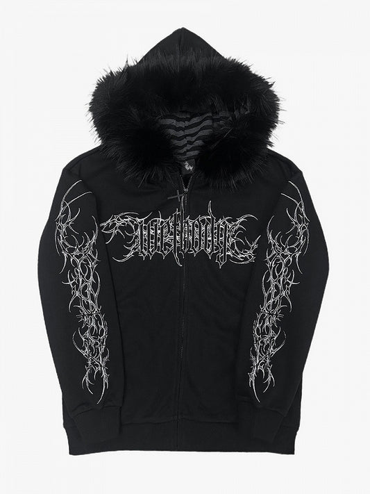 Y2K Dark Hooded Jacket with Detachable Fur Collar and White Floral - Alita26SS