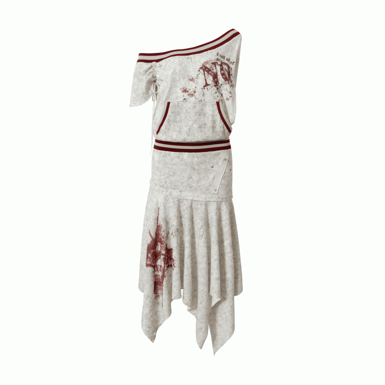 Asymmetrischer Ausschnitt Grau/Weiß Wasteland Punk Distressed Kleid