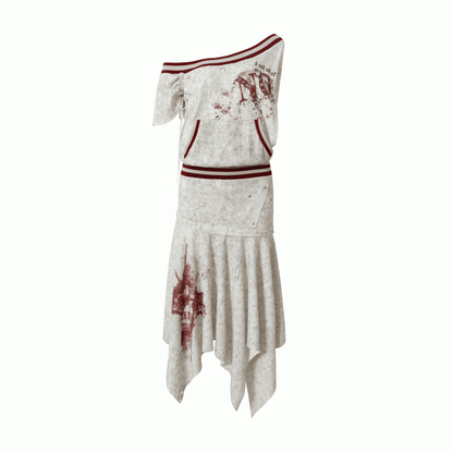 Asymmetrischer Ausschnitt Grau/Weiß Wasteland Punk Distressed Kleid