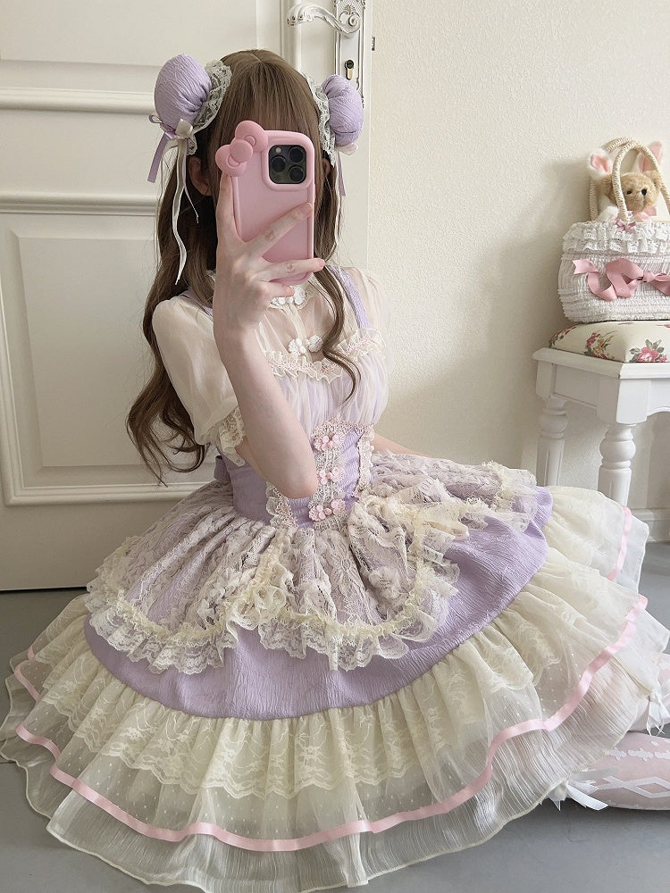 Frog Chinoiserie Dress Fresh JSK Ballet-Inspired Button Lace Trim Purple Lolita