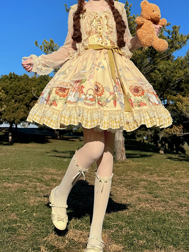 Lolita Overlay Sweet Plaid Bunny Print with and Yellow Dress JSK Sunflower Hem