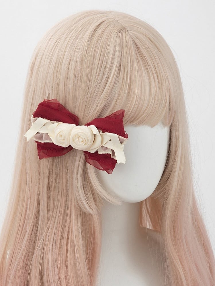 Design Lolita Sweet Hairclip Red Ruffled Beige Floral