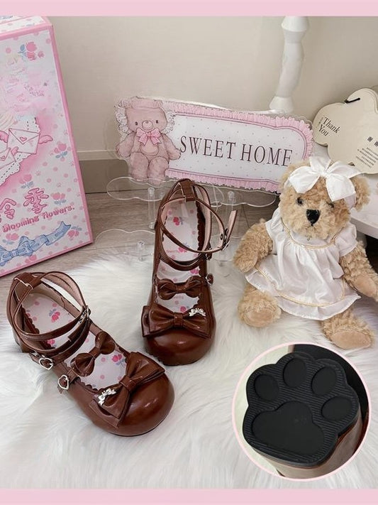 - Brown Mary Embellishments Mid-heel Sweet Janes Lolita Bow