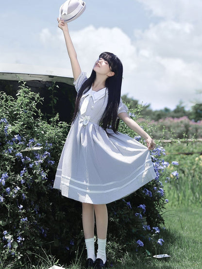 Weiß Gestreiften und Kleid Sommer Ärmeln Taille Puff Blau Gürtel mit