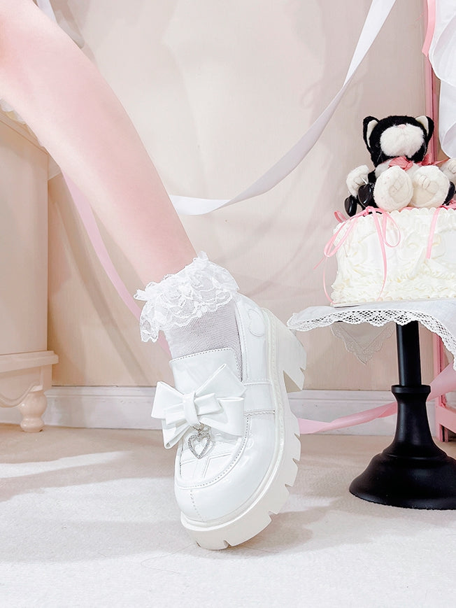 Featuring with White Kei High Bow Block Loafers Polished - Heels Charm PU Jirai Heart Slip-On