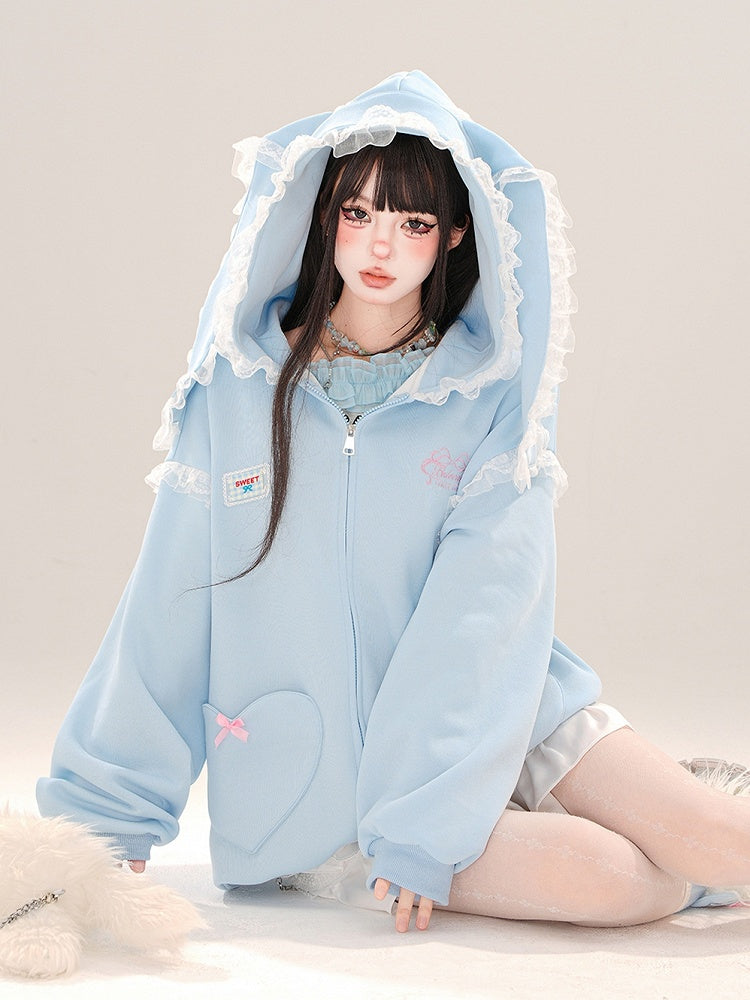 Blau/Apricot – Kapuzenjacke mit Spitzenbesatz und Hasenohren