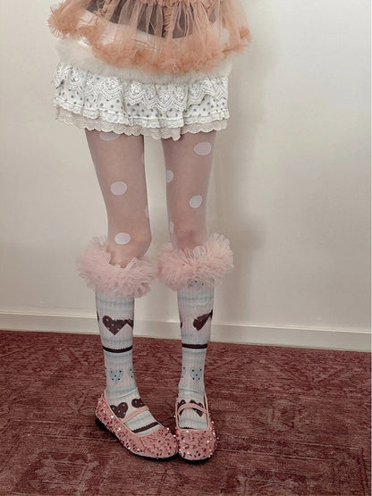 Socks Tulle Sweet Ruffle Pattern Heart Pink with Trim Calf