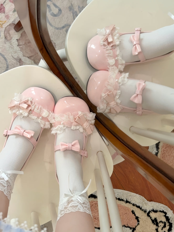 Pink with Leather - Heels Sakura Lolita PU Sweet Low Delicate Beadwork