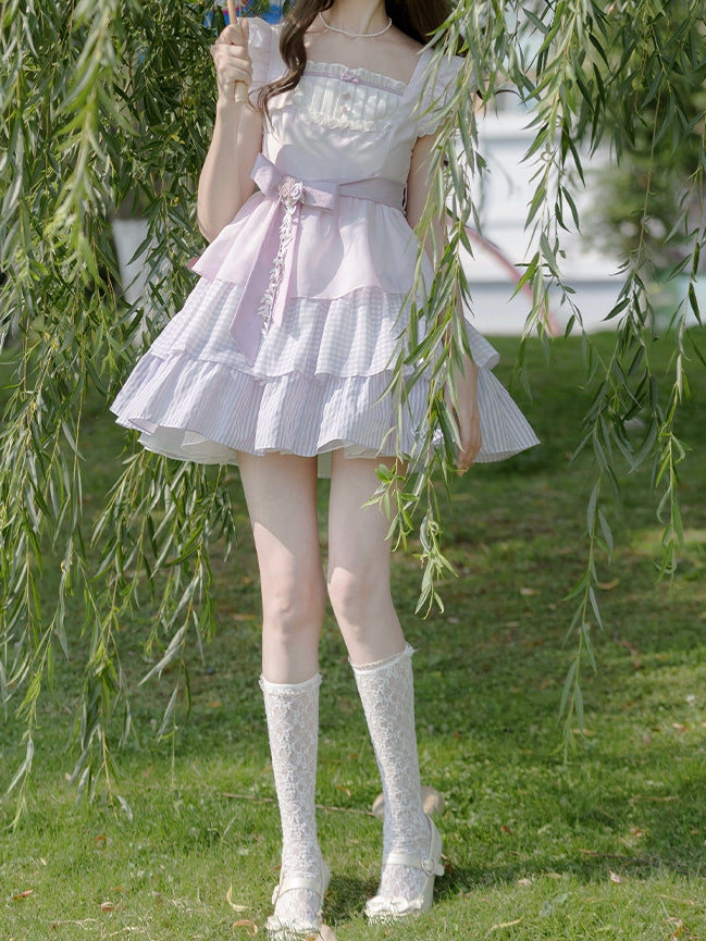 Skirt Floral with Tiered Sweet Lavender Flutter Sleeves Dress