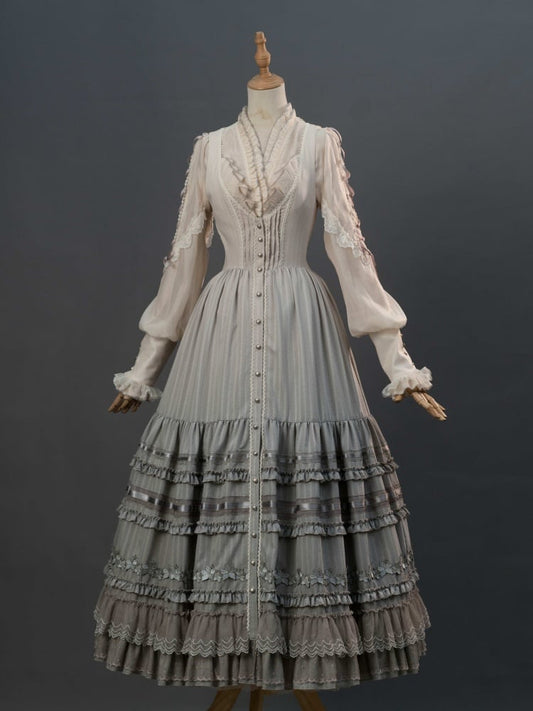Lily Embroidery Applique Layered Hem Gray Classic Lolita Dress Front Button Placket