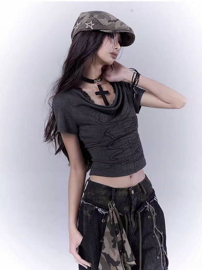 Dark Gray Cowl Neckline Cross Cutout Detail T-Shirt