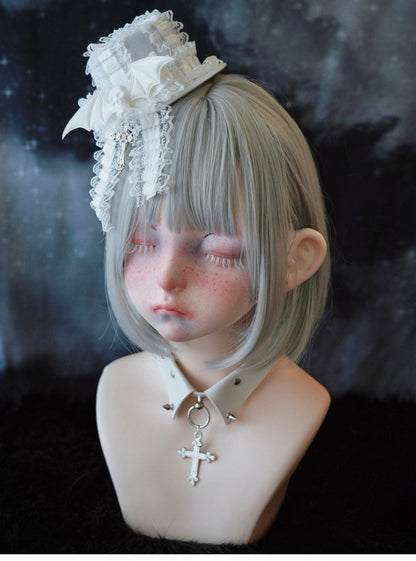 White Gothic Bat Wing Skeleton Cross Lace Trim Hat Hairclip
