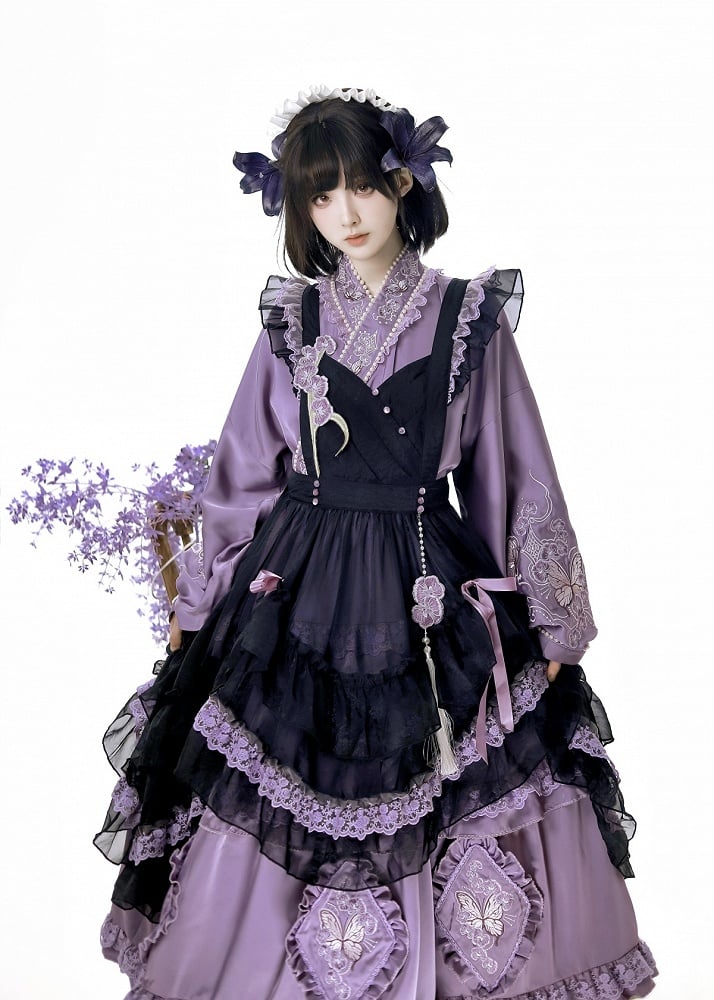Zarte Schmetterling Schürze Lolita Kleid Schwarz Set Lila Han und Stickerei Voll Floral +