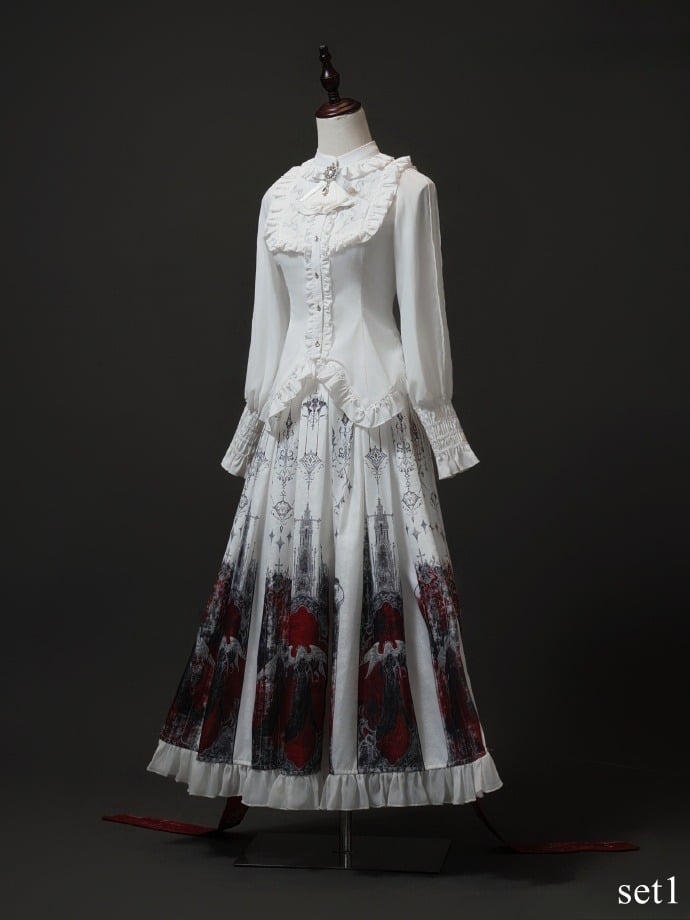 Skirt and White Set Angel Blouse Box Gothic Pleat Printed Ruffled Red