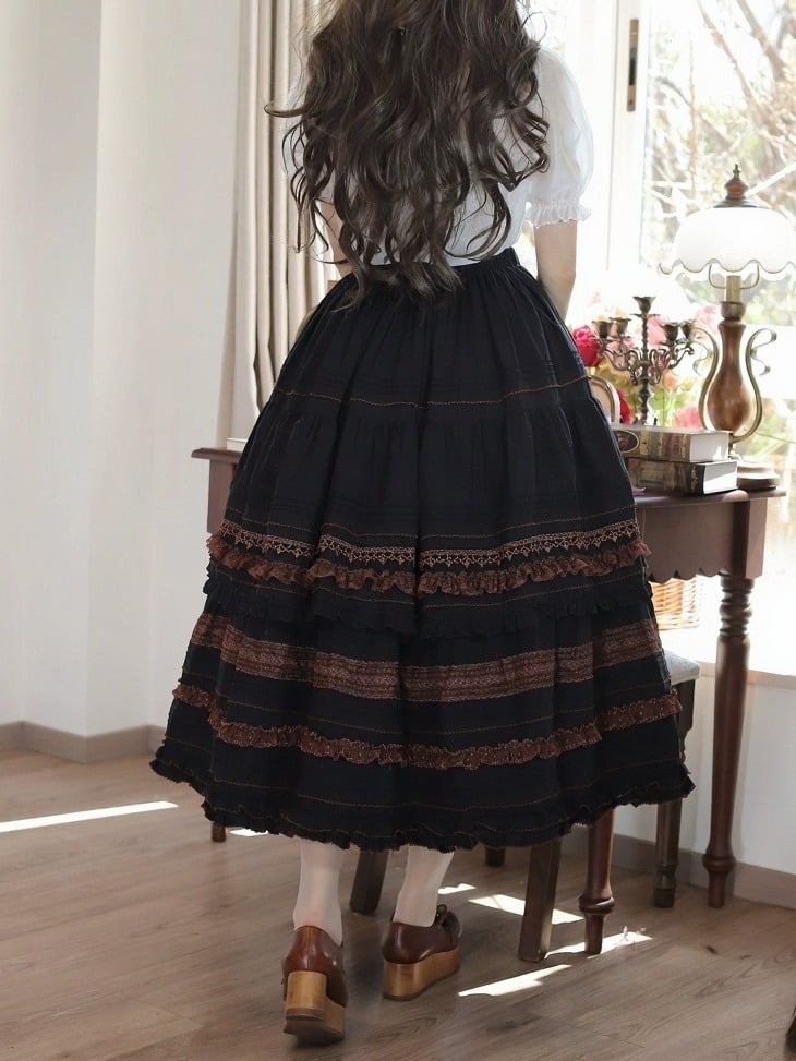 Vintage Black Skirt with Coffee Lace Trim - Tiny Garden