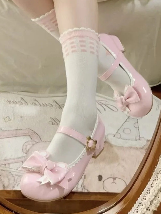 in Bear Closure Lolita Pink Ear Low-heel with PU Top Mary Bow Sweet Teddy Janes