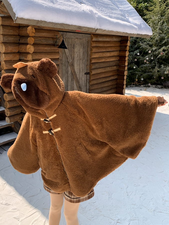 茶色のかわいいカピバラのフード付きジップ開閉フリースフード付きケープ