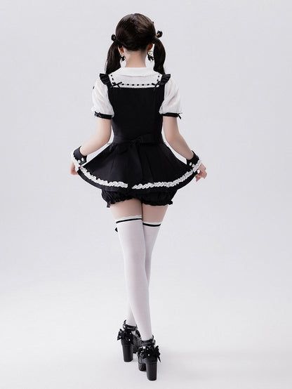 Jirai-kei Maid 4-Piece Set: Dress, Wrist Cuffs, Bloomers, Apron - Fluffy Heart
